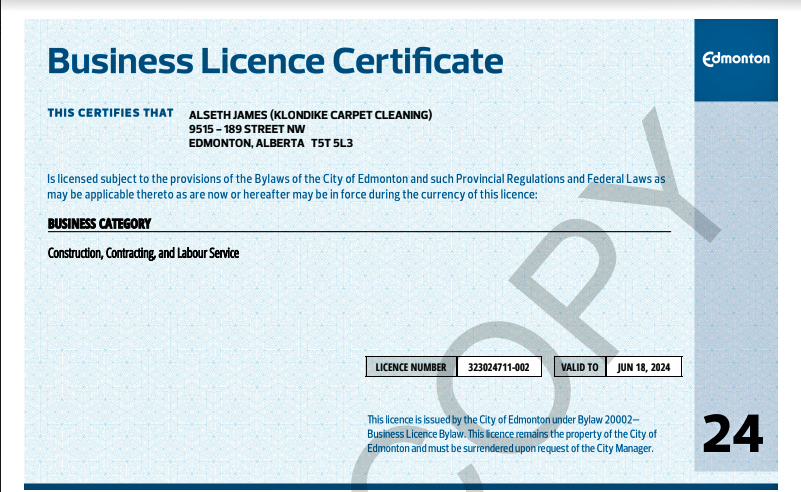 Klondike Carpet Cleaning Business License